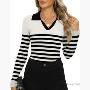 Slim Fit V-Neck Ribbed Knit Sweater Long Sleeve Pullover Casual Work Top